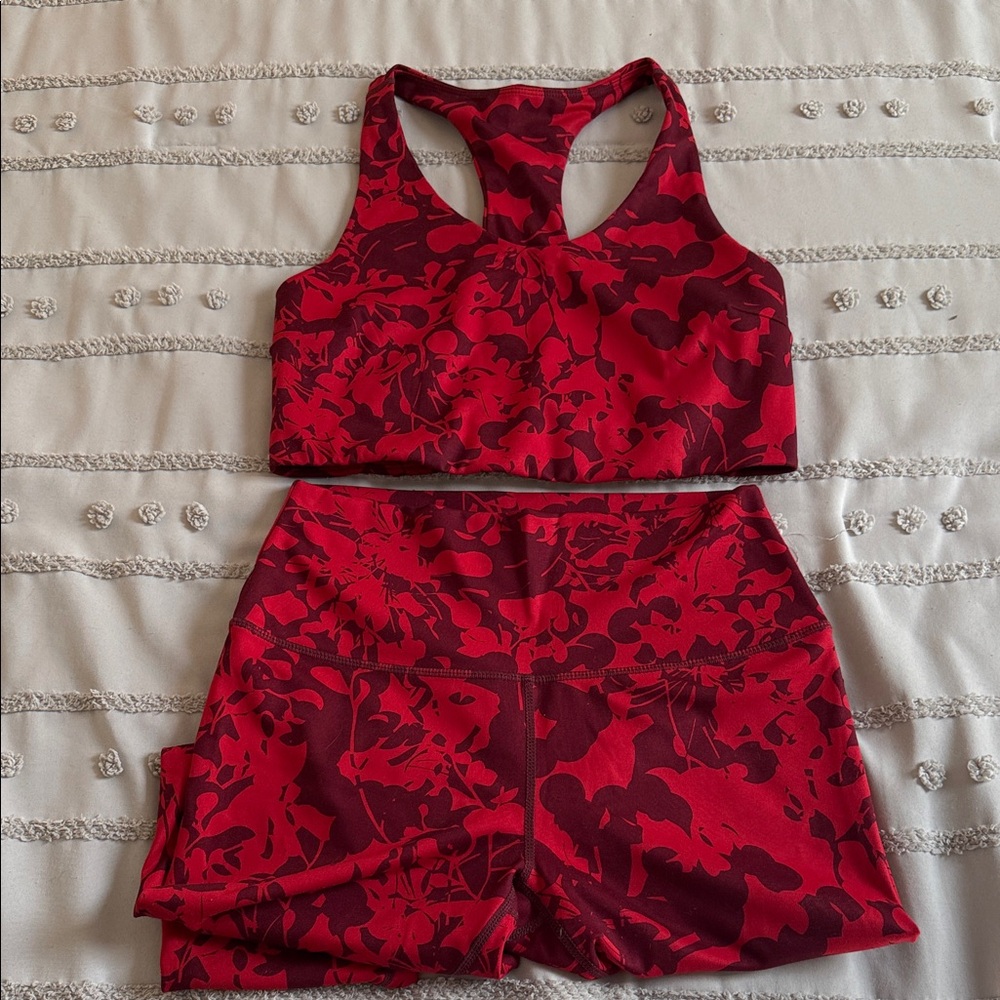 Zella Red and Maroon Floral Top and 7/8 Leggings Set Medium